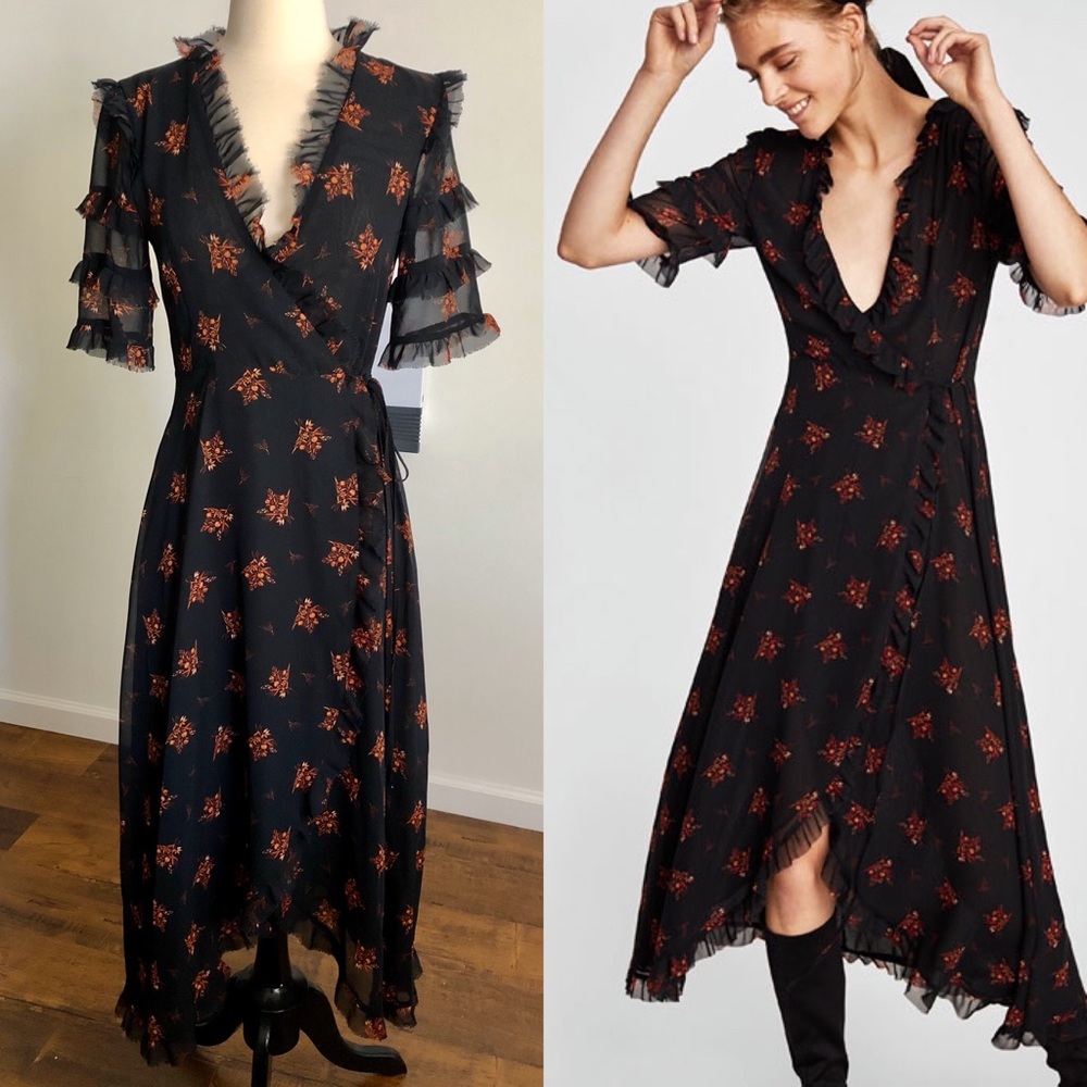 Zara sheer black floral wrap dress w/ ruffles